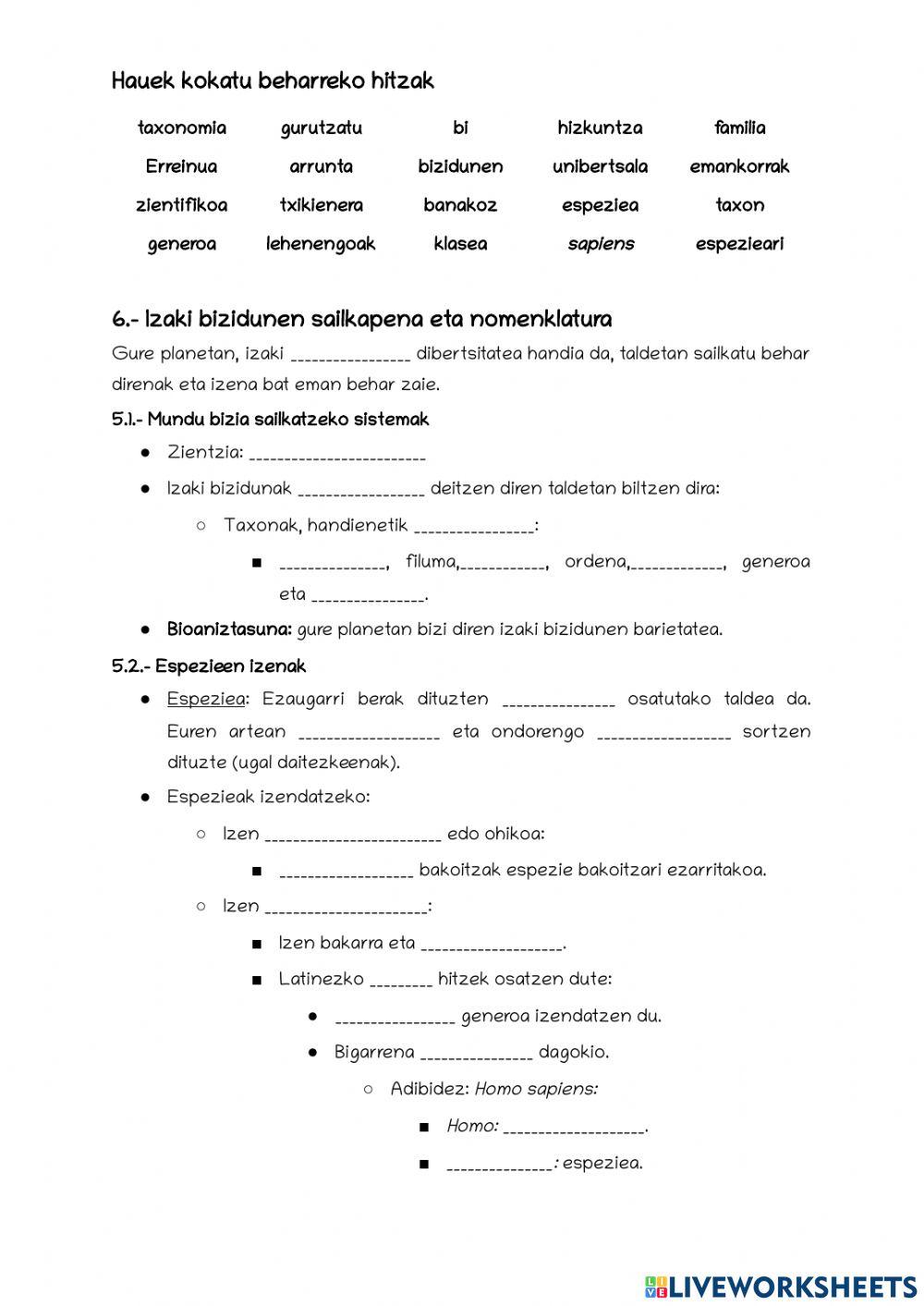 Izaki bizidunak sailkapena nomenklatura