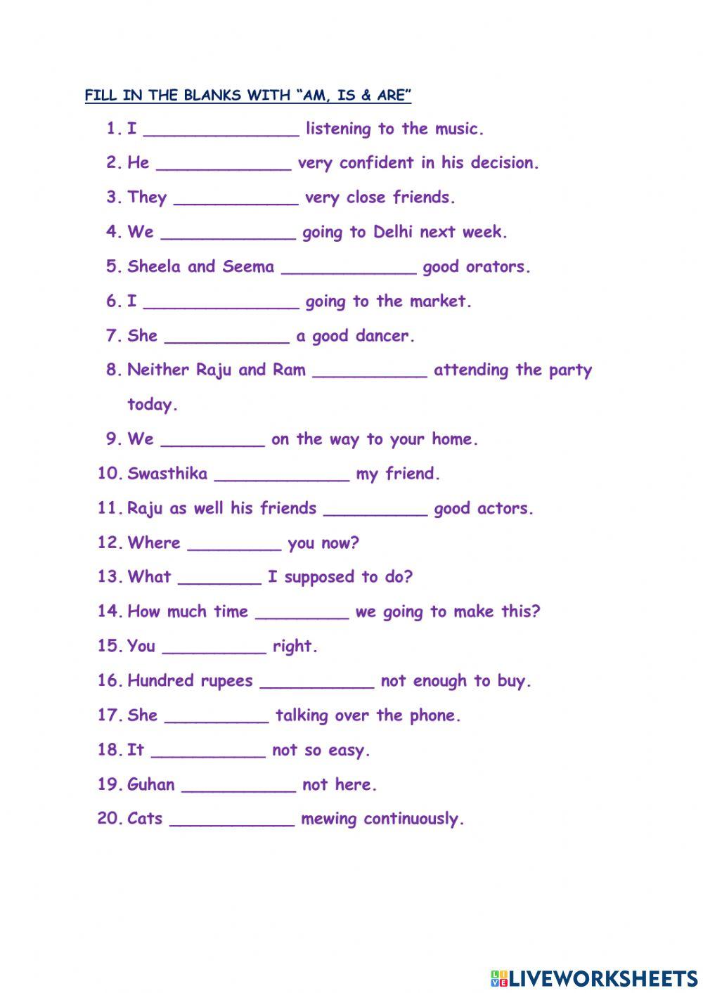 1874131 | Be form verbs | Jpkarthika_21 | LiveWorksheets