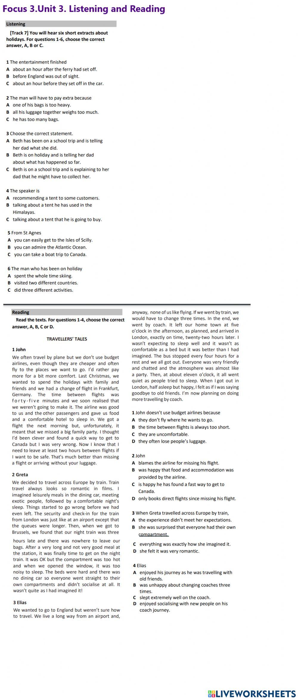 Focus 3. Unit 3. Listening and reading