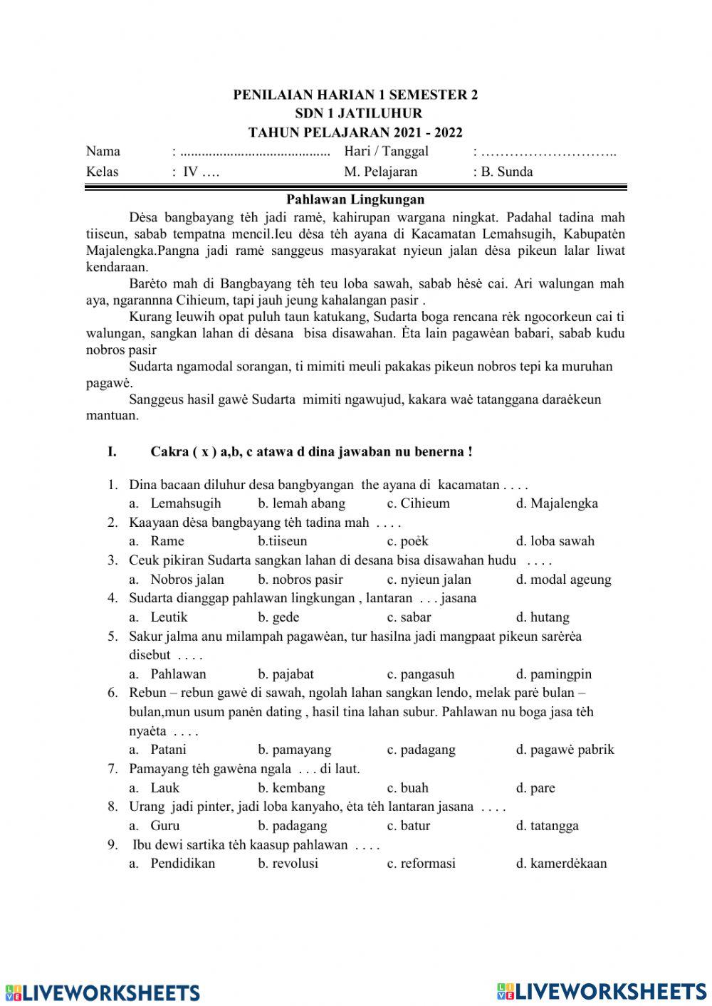 Penilaian Harian Bahasa Sunda Kelas 4