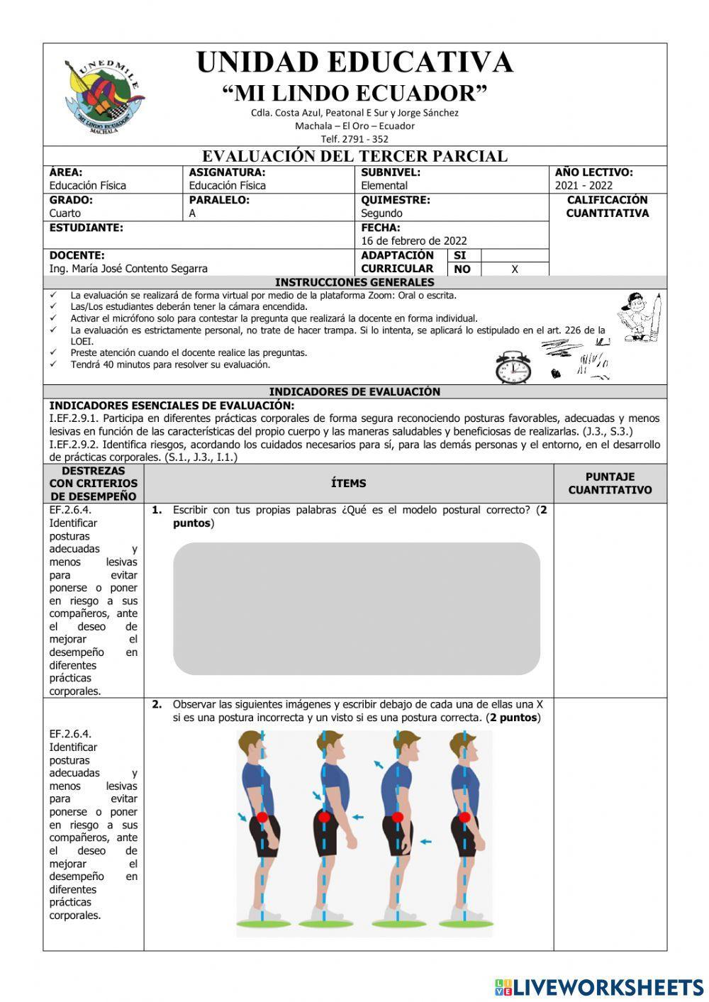 Evaluación de Educación Física del Tercer Parcial del Segundo Quimestre