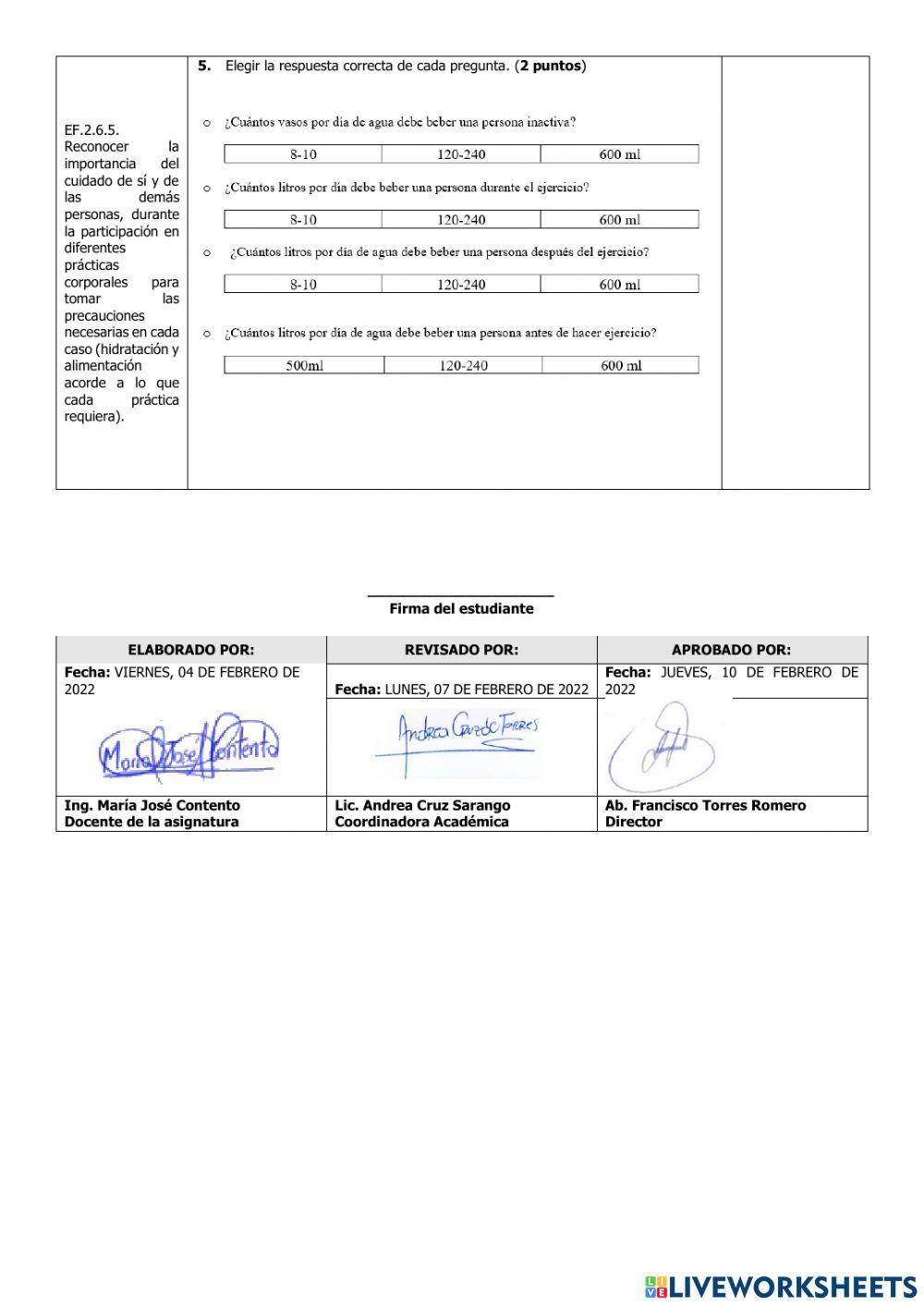Evaluación de Educación Física del Tercer Parcial del Segundo Quimestre