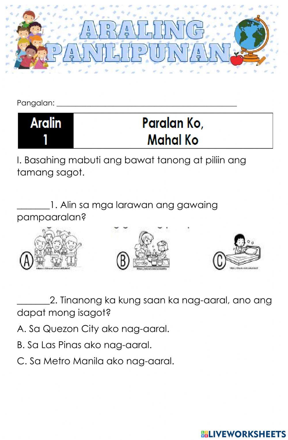 Grade 1 week 1 worksheet araling panlipunan