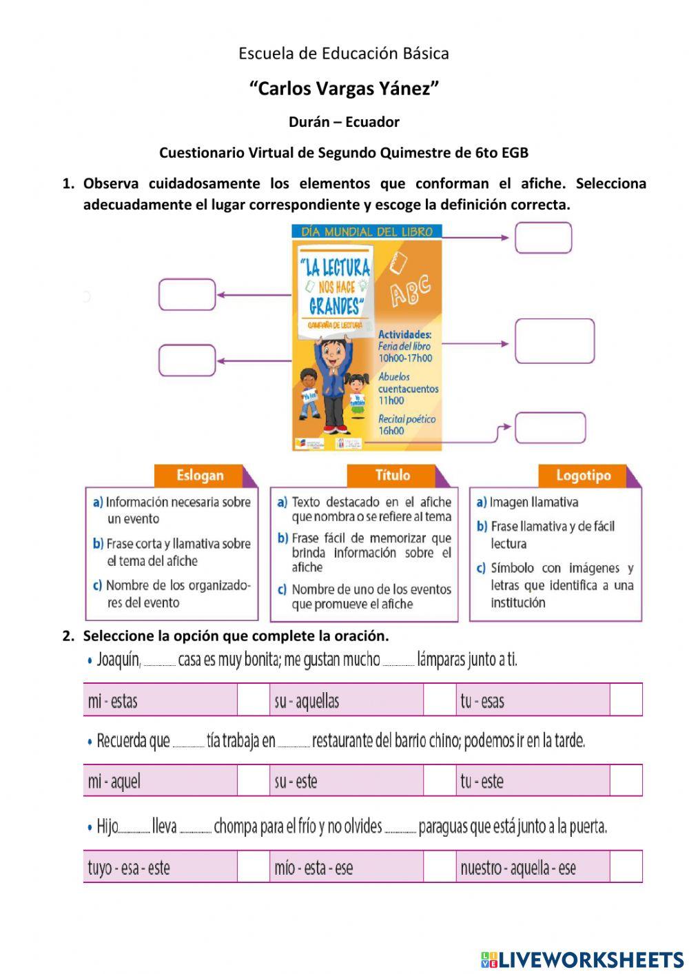 Cuestionario Virtual 6to EGB Leng&Liter 2do Quim