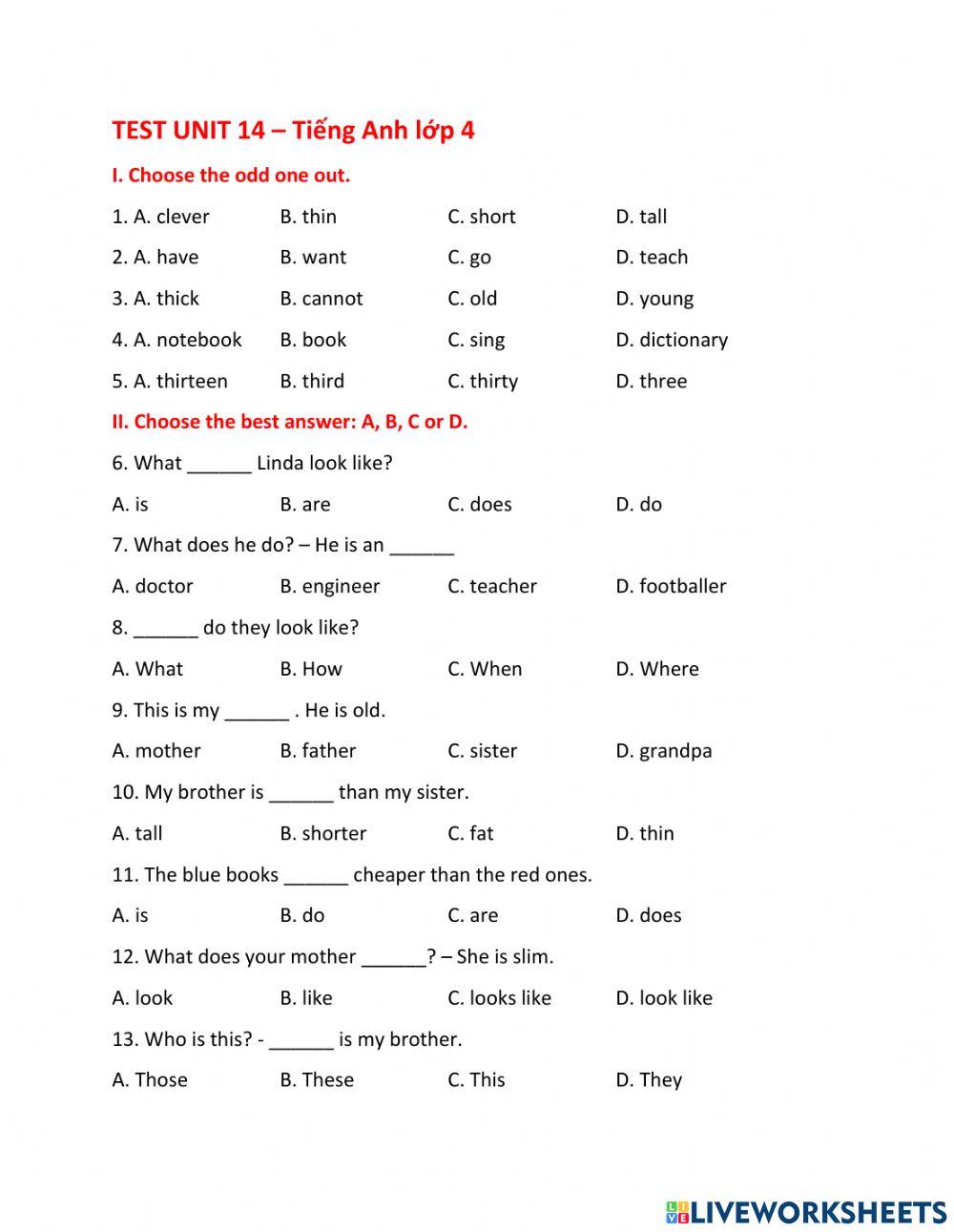 Unit 14- test- english grade 4