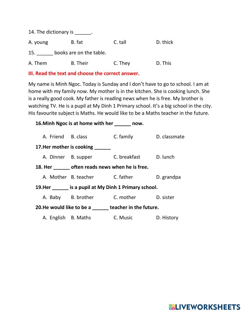 Unit 14- test- english grade 4