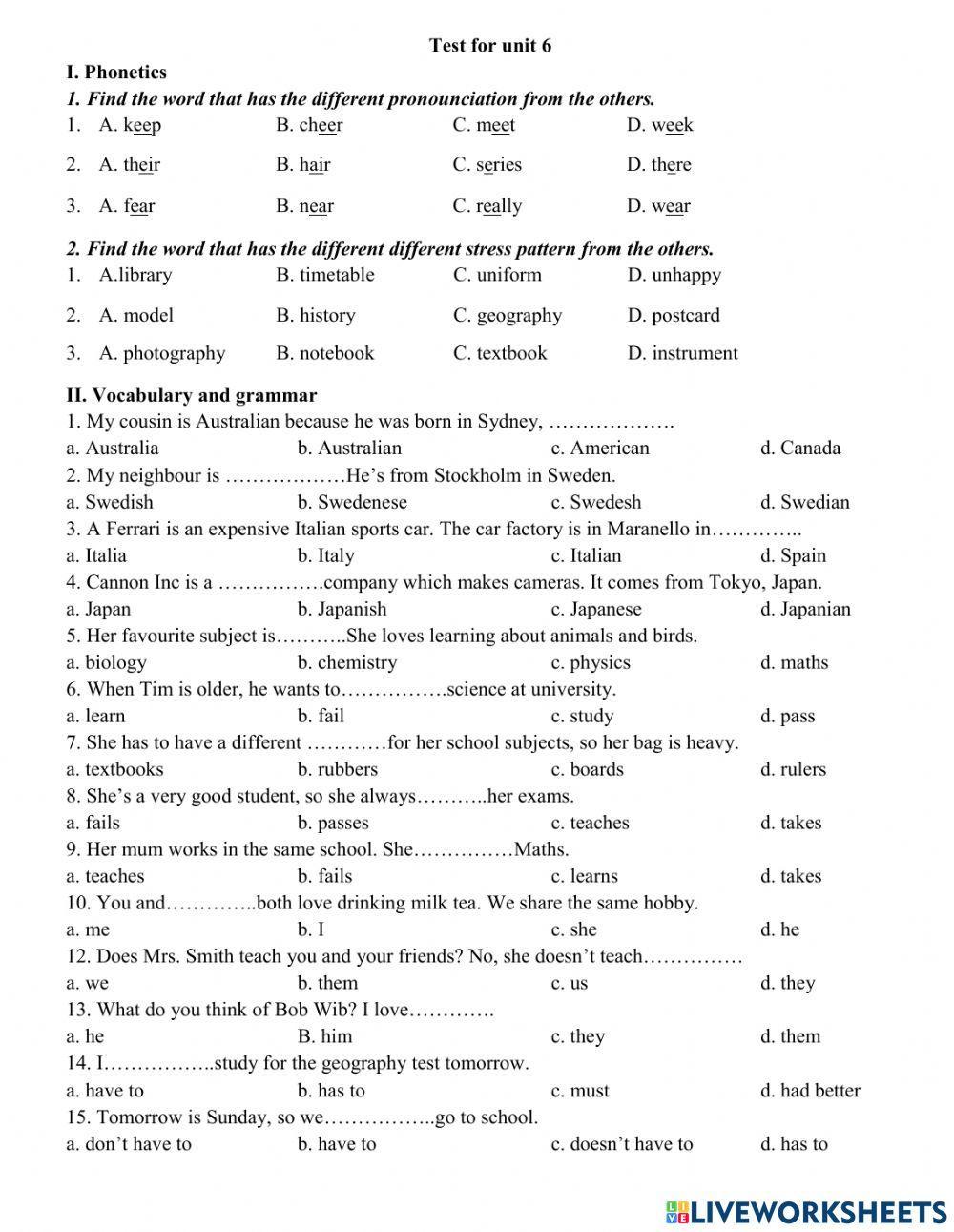 Key for school- Test unit 6