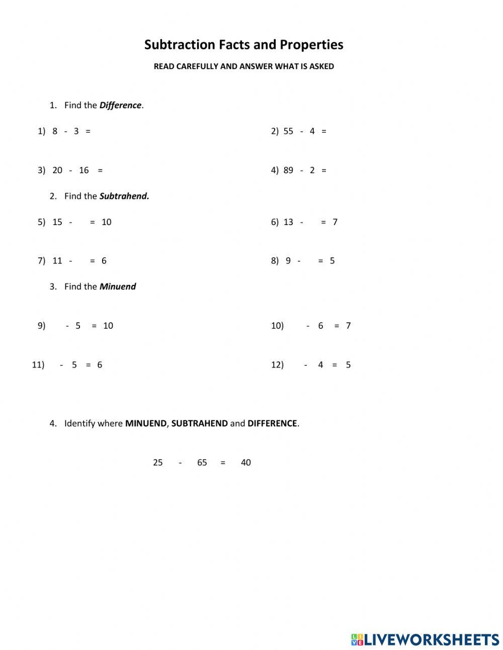 Subtraction Facts and Properties