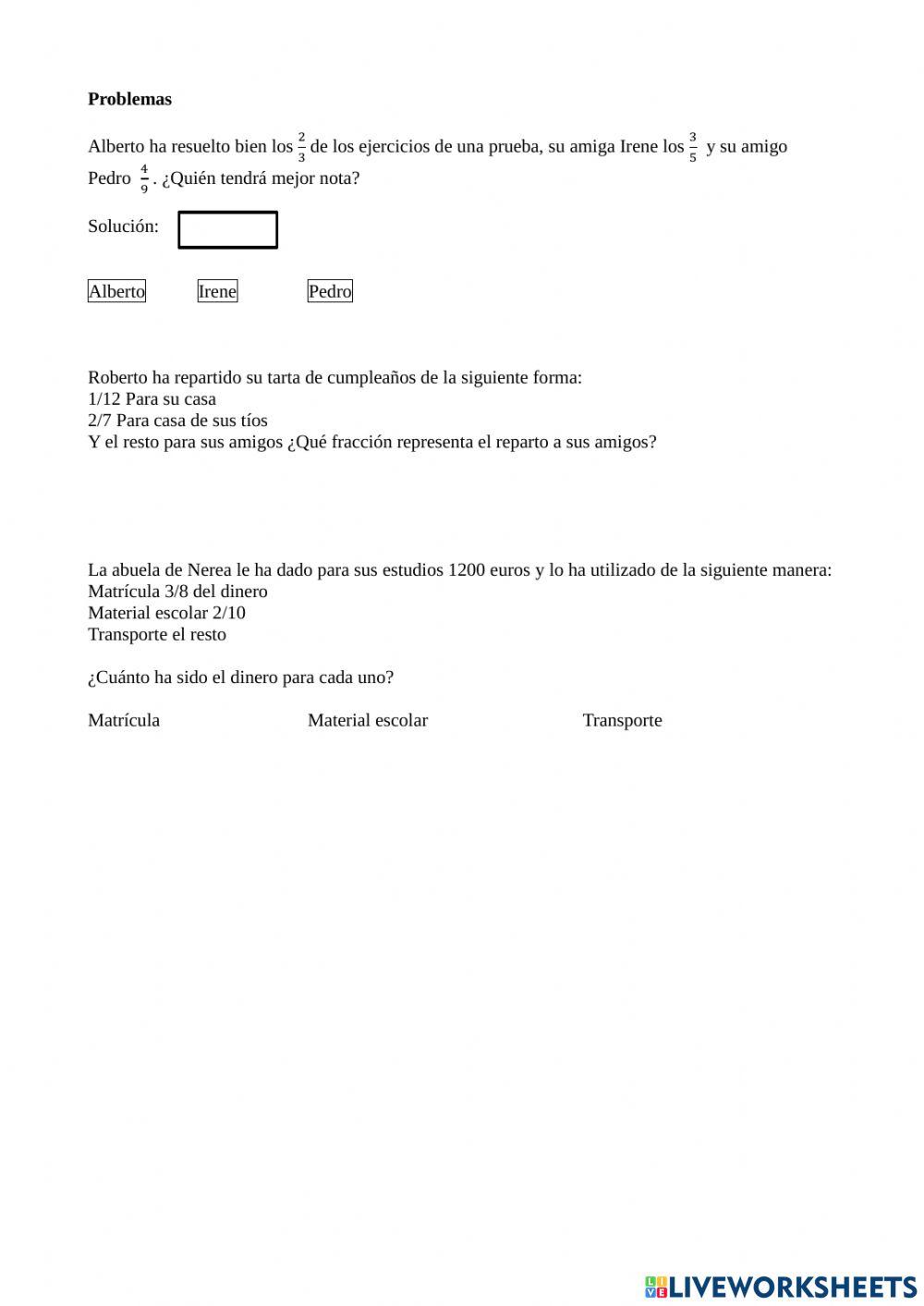 Prueba escrita fracciones