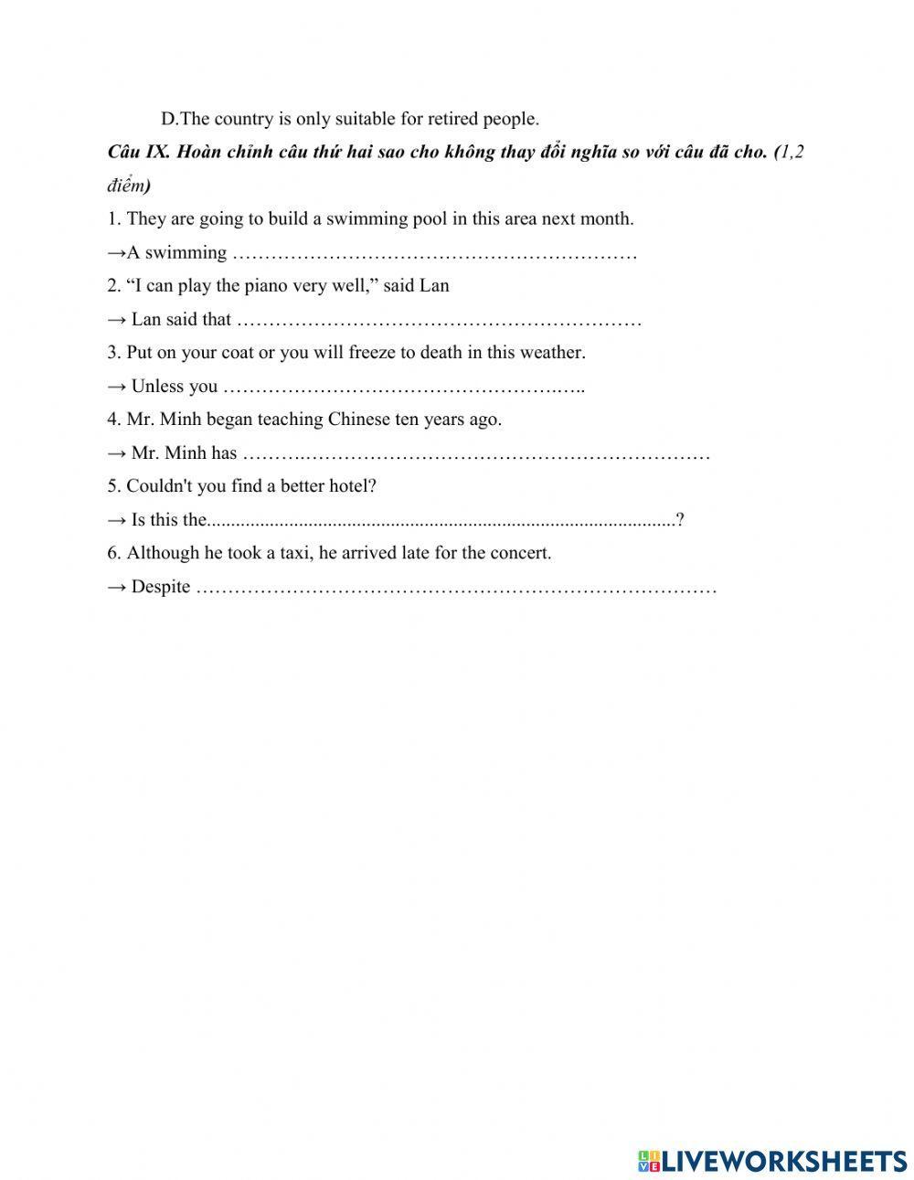 Đề thi tuyển sinh vào lớp 10