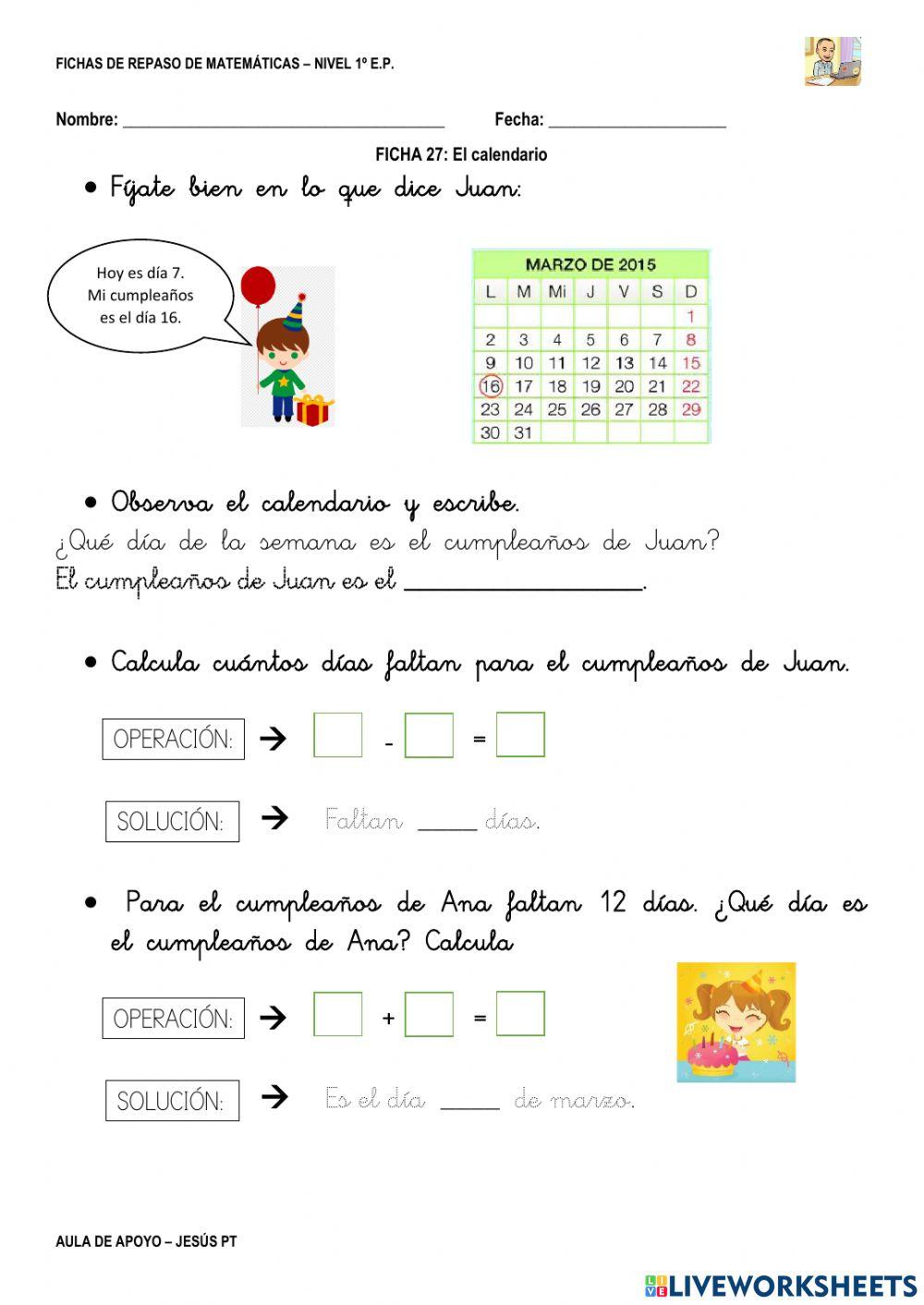 Ficha Matemáticas 27-1EP-Calendario