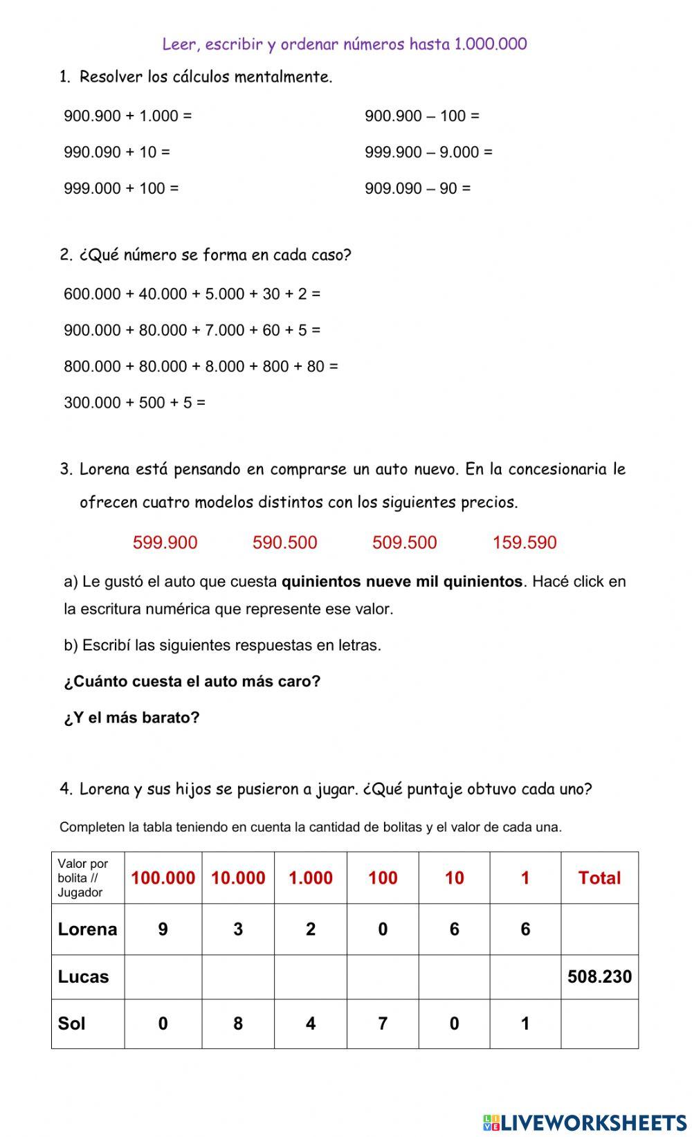 Números hasta el millón Números hasta el millón