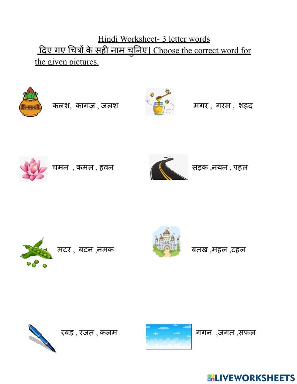 Hindi 3 letter  words worksheet