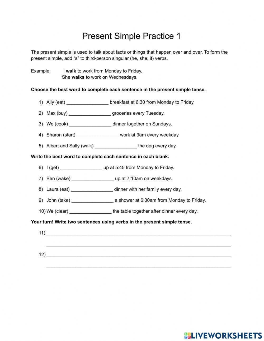 Present Simple Practice 1 worksheet Live Worksheets