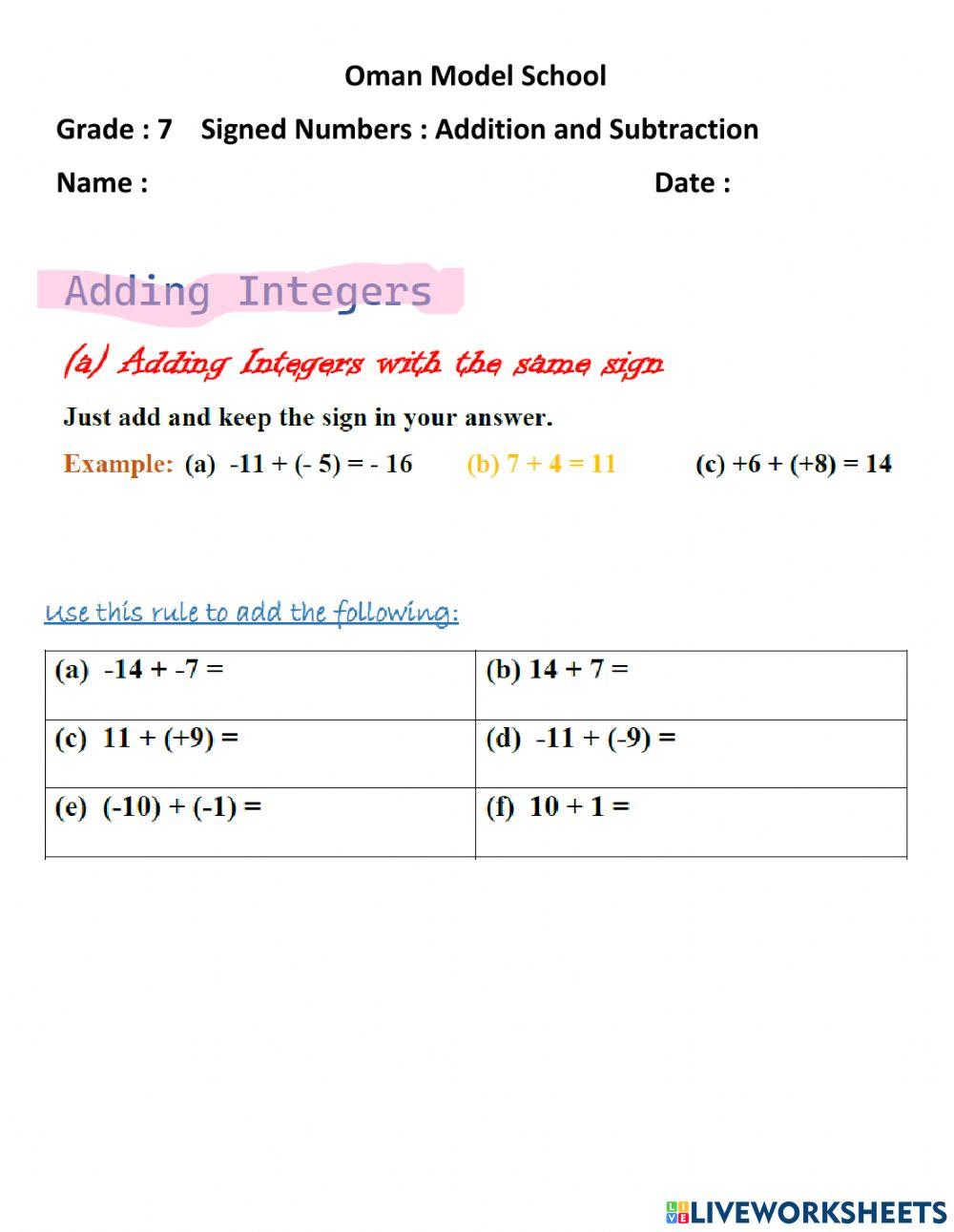 Addition of Signed Numbers worksheet | Live Worksheets