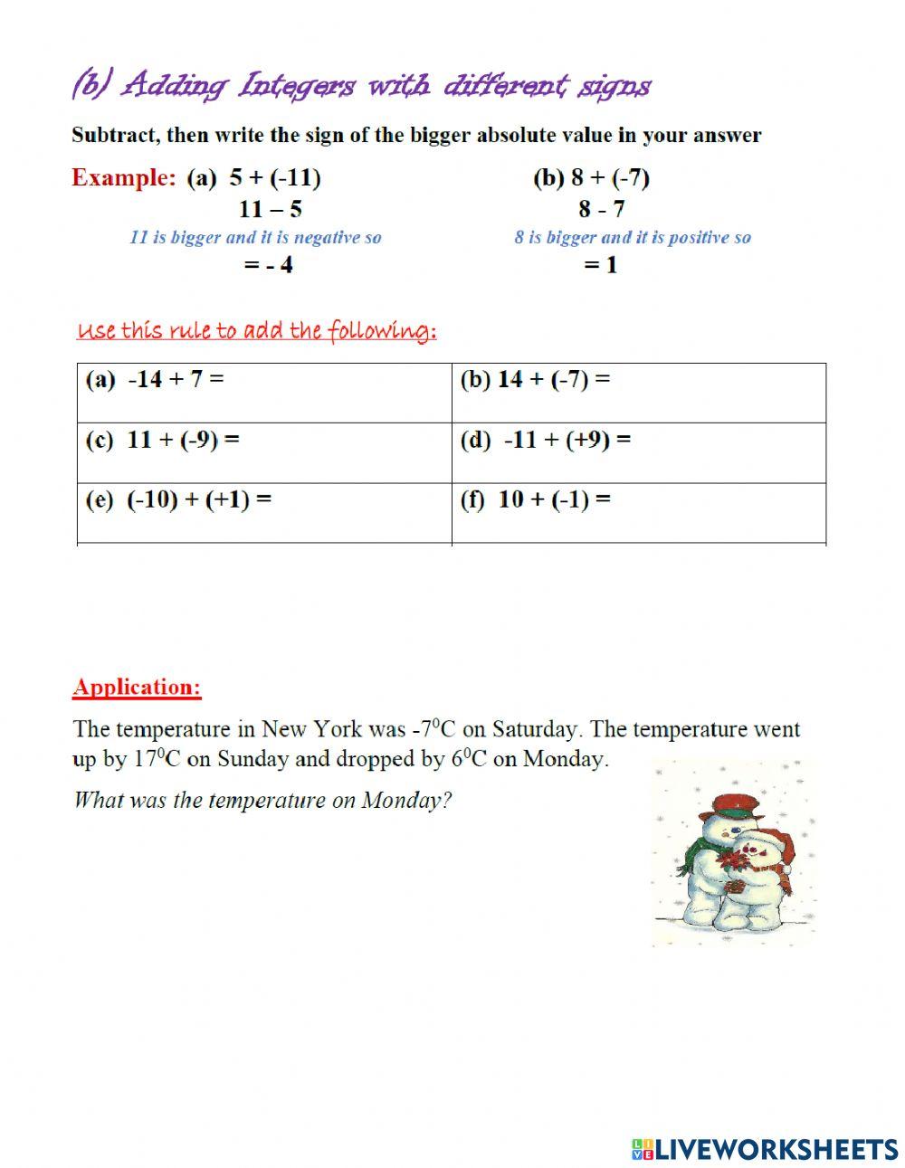 Addition of Signed Numbers worksheet | Live Worksheets