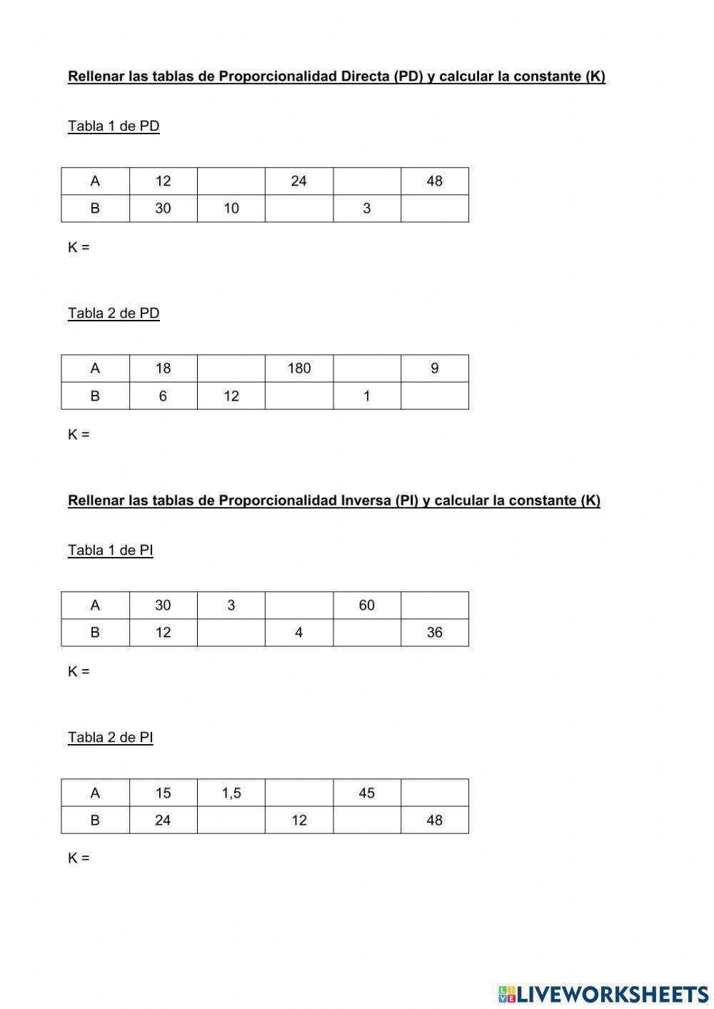 Tablas de Proporcionalidad