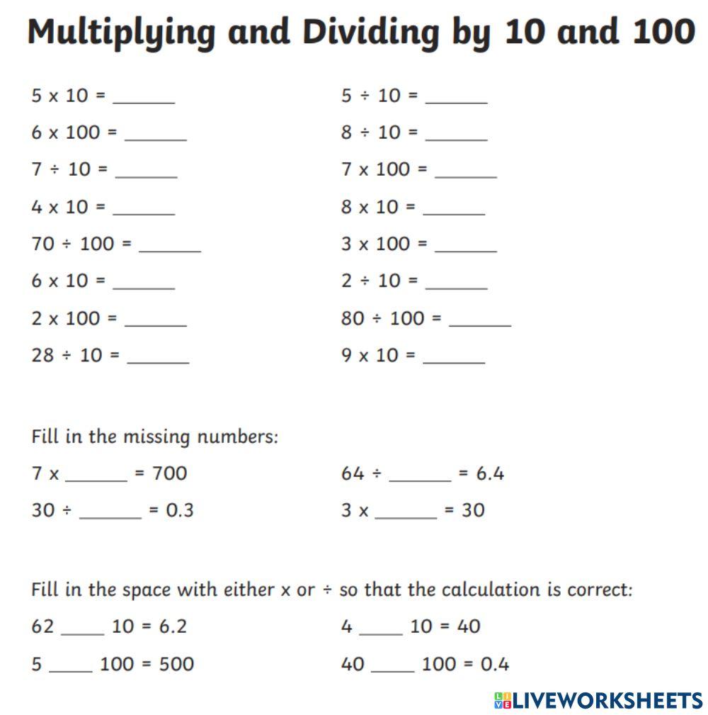 Multiplying and Dividing Numbers by 10 and 100 Multiplying and Dividing Numbers by 10 and 100