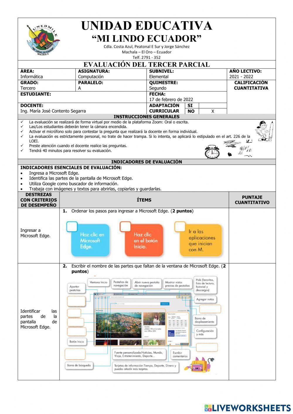 Evaluación de Computación Tercer Grado del Tercer Parcial