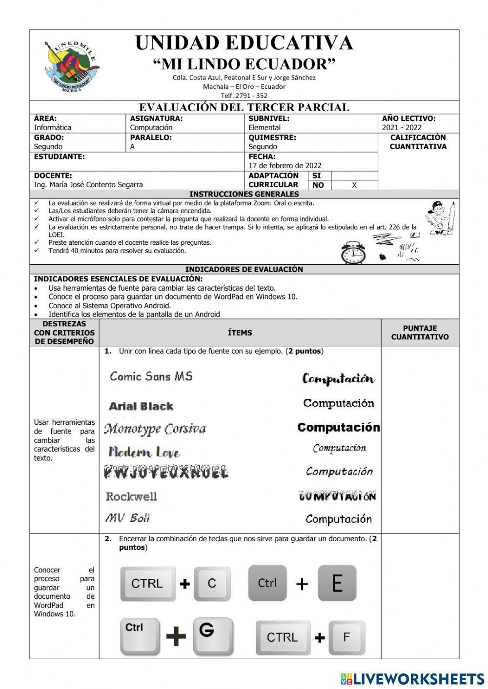 Evaluación de Computación Segundo del Tercer Parcial del Segundo Quimestre