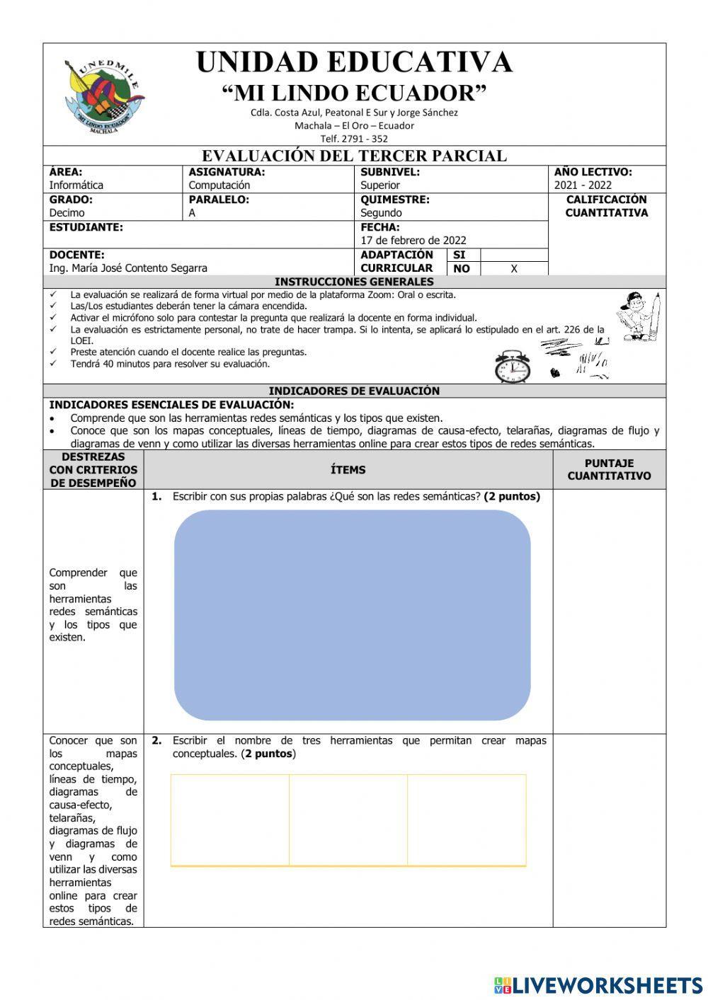 Evaluación de Computación Décimo del Tercer Parcial del Segundo Quimestre