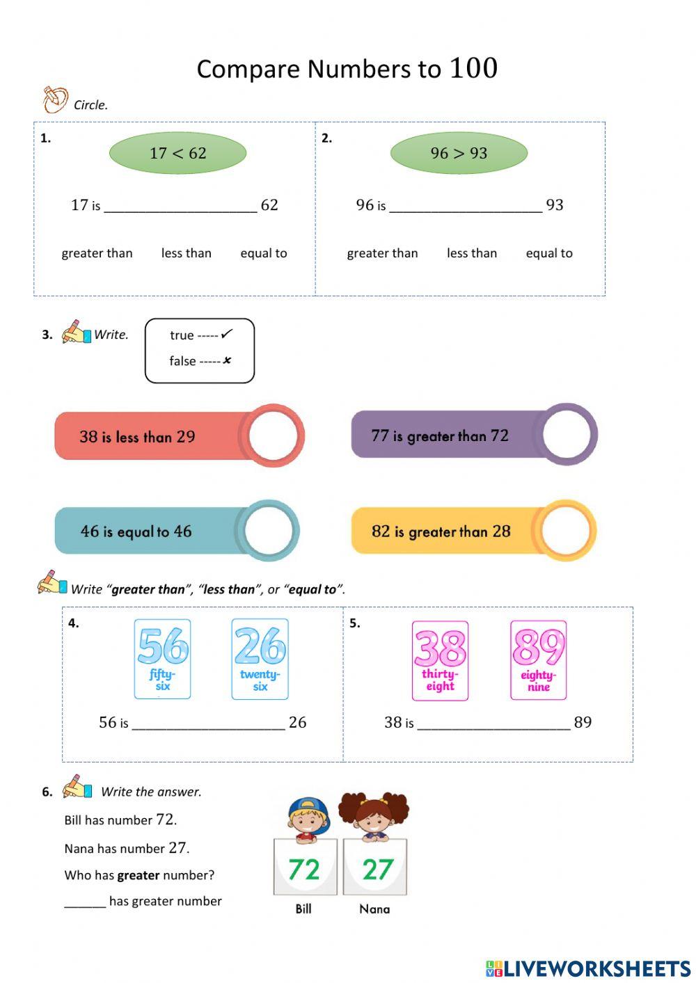 G1 Comparing numbers to 100 G1 Comparing numbers to 100
