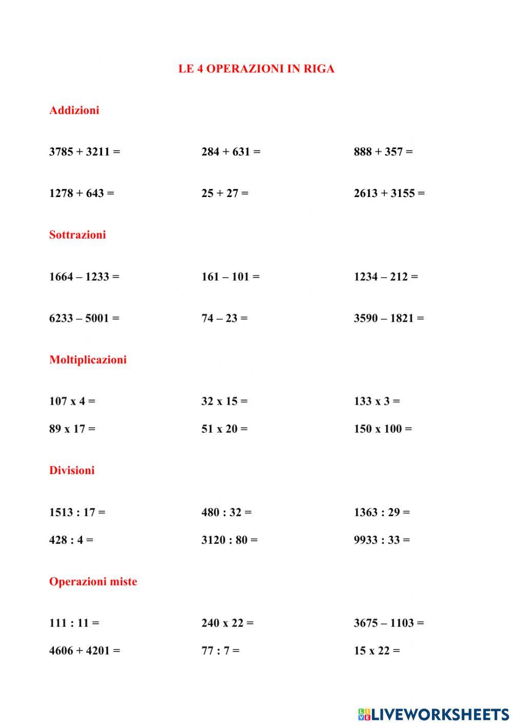 Le 4 operazioni in riga
