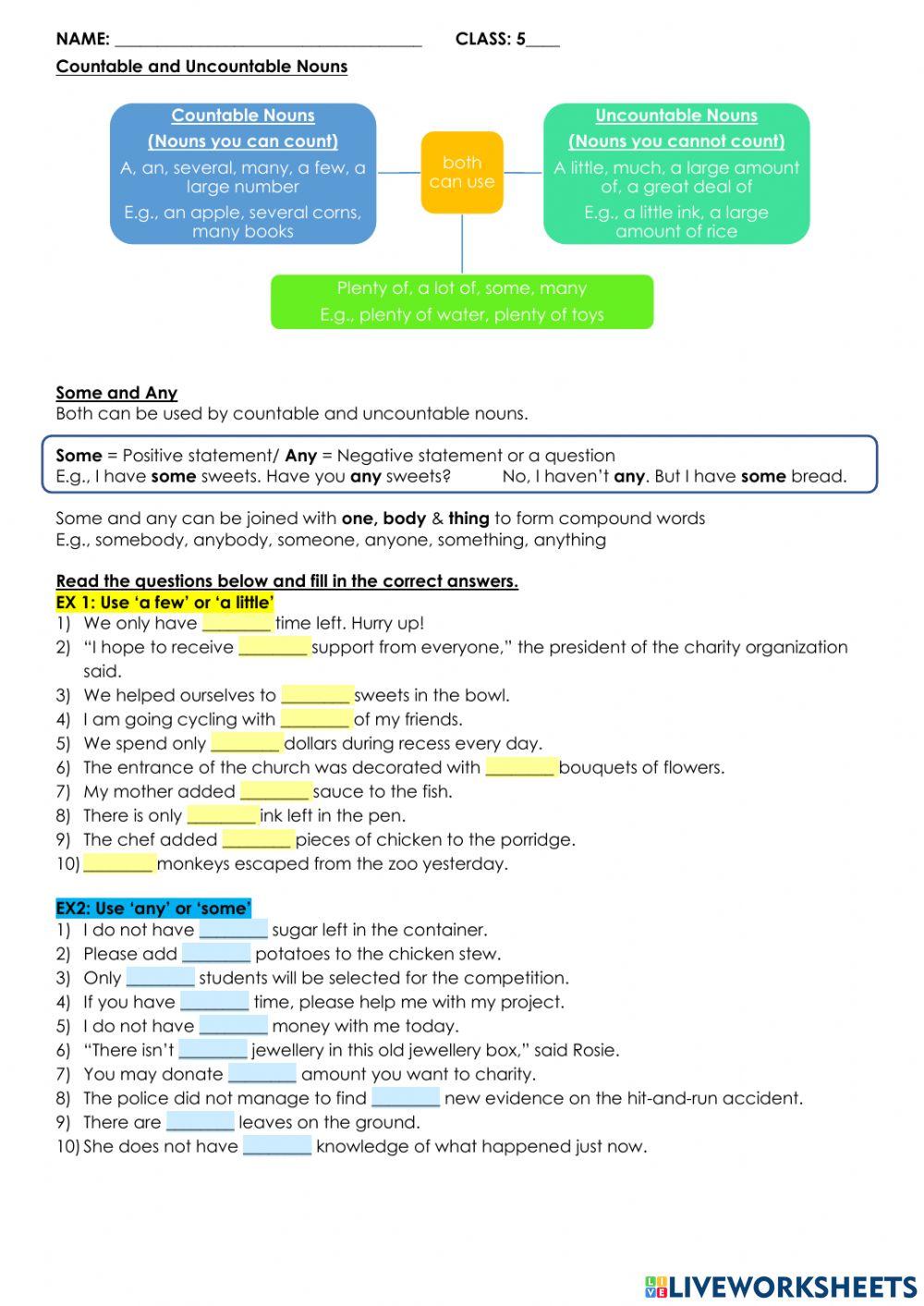 Countable - Uncountable Nouns online exercise for | Live Worksheets