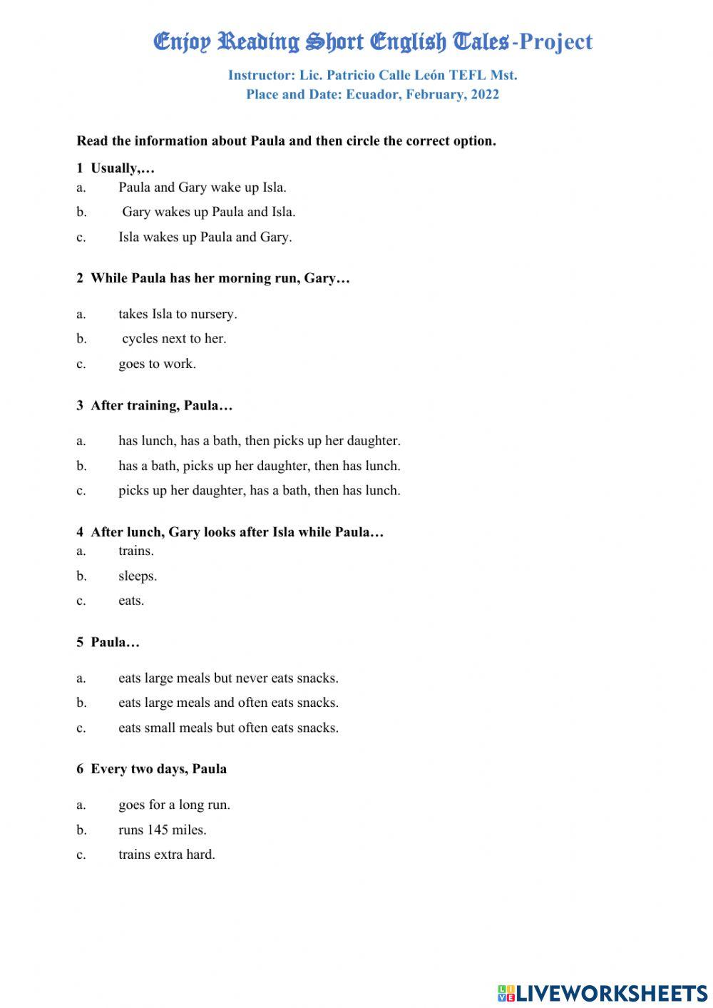 READING ENGLISH TALES PRE-TEST