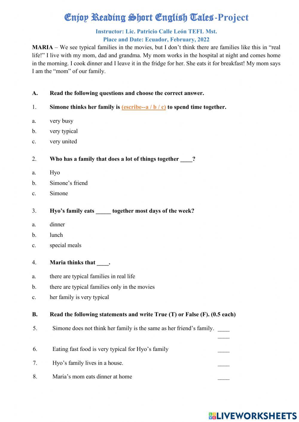 READING ENGLISH TALES PRE-TEST