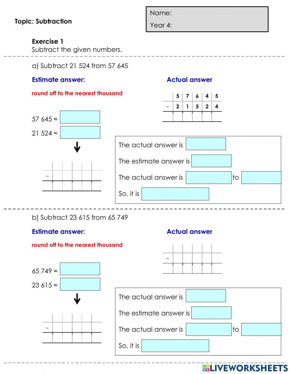 Numbers up to 100 000 (Subtraction: estimate & actual)