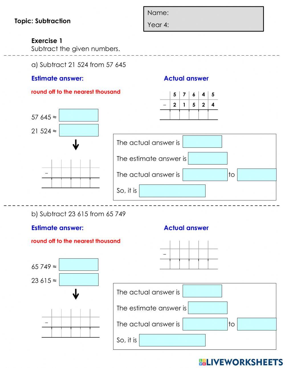 Red Numbers  up to 100 000 (subtraction: Estimate & Actual)
