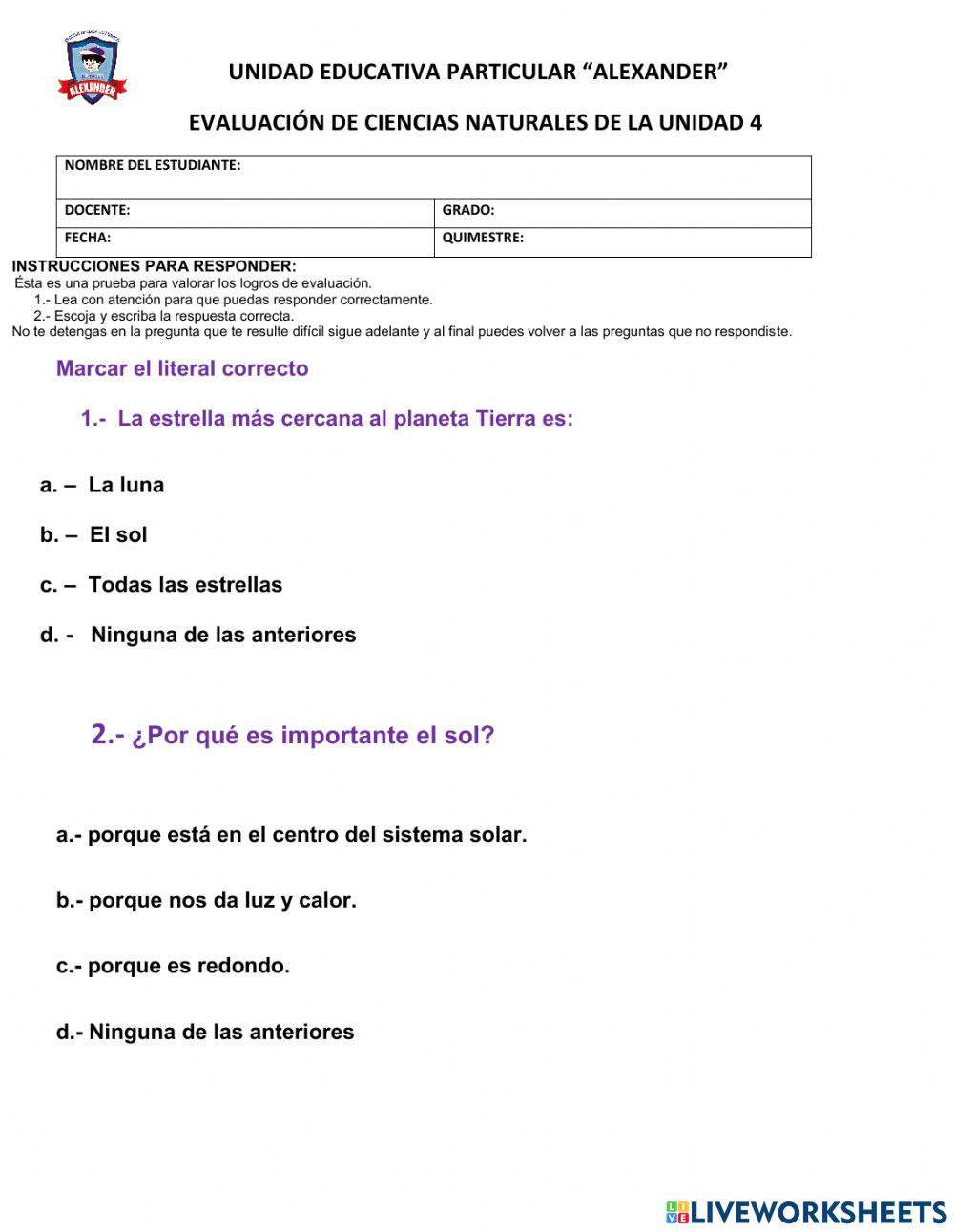 Evaluacion DE CIENCIAS NATURALES