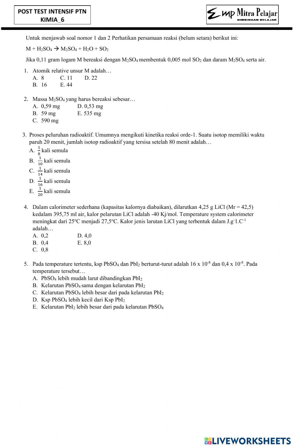 Post test intensif kimia 6