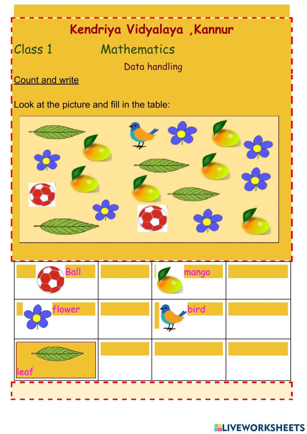 Data handling exercise for 1 Live Worksheets