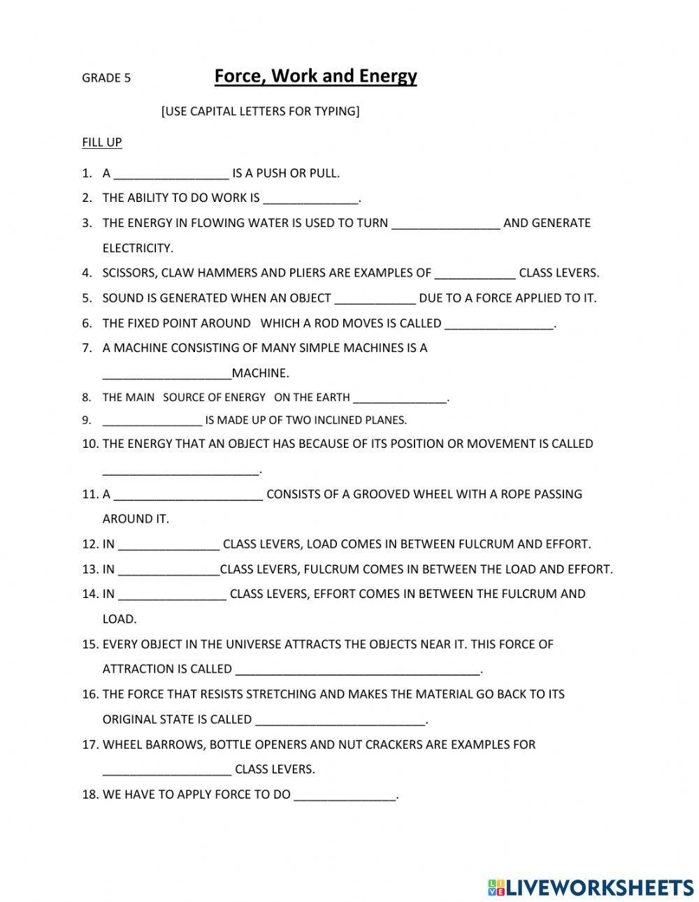 Force Work And Energy Class 5 Worksheet Pdf With Answers