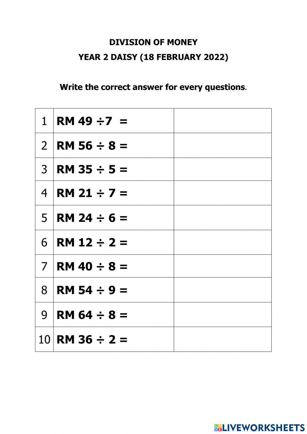 DIVISION OF MONEY YEAR 2