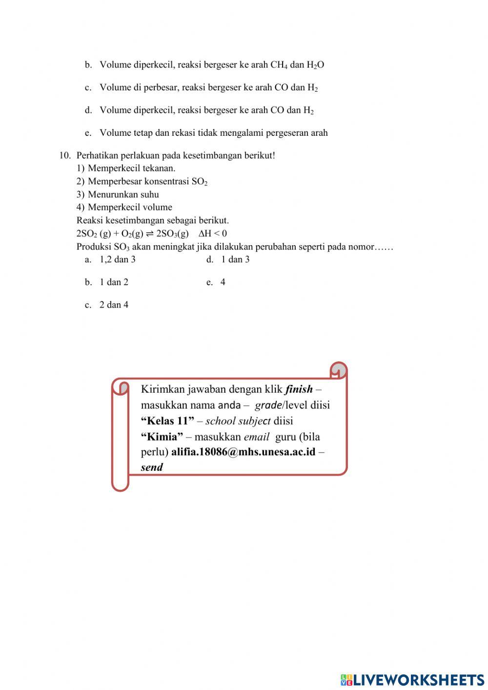 Soal Pretest Kognitif Kesetimbangan Kimia