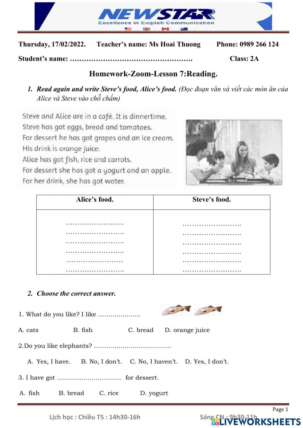 HW L1. Reading Dinnertime. G2