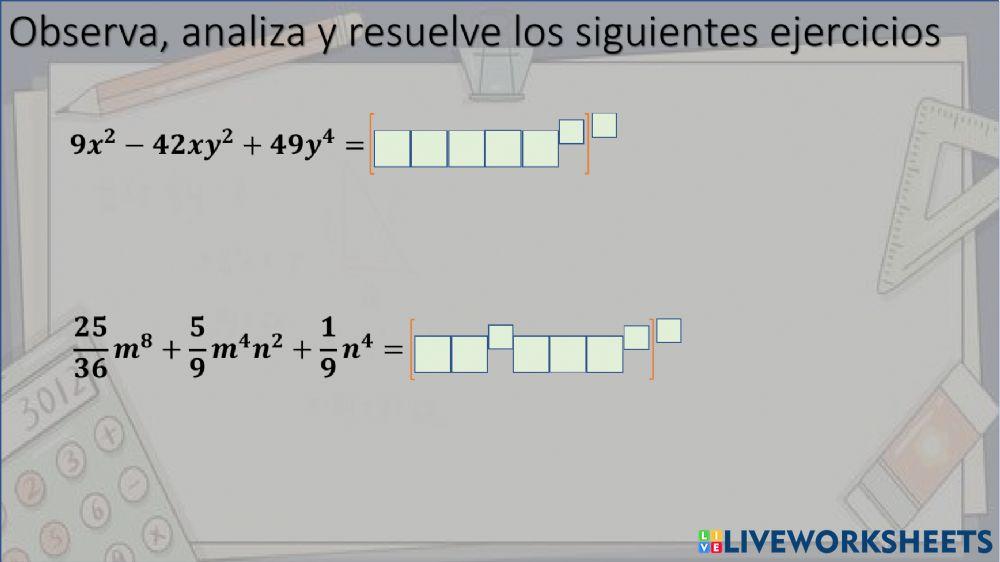 Suma, diferencia de cubos, trinomio cuadrado perfecto