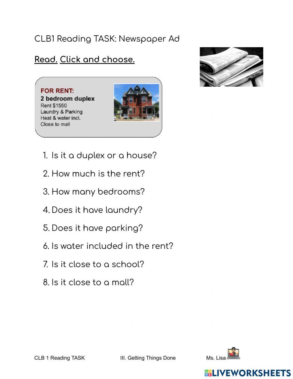CLB 1: Reading TASK Housing Ads CLB 1: Reading TASK Housing Ads
