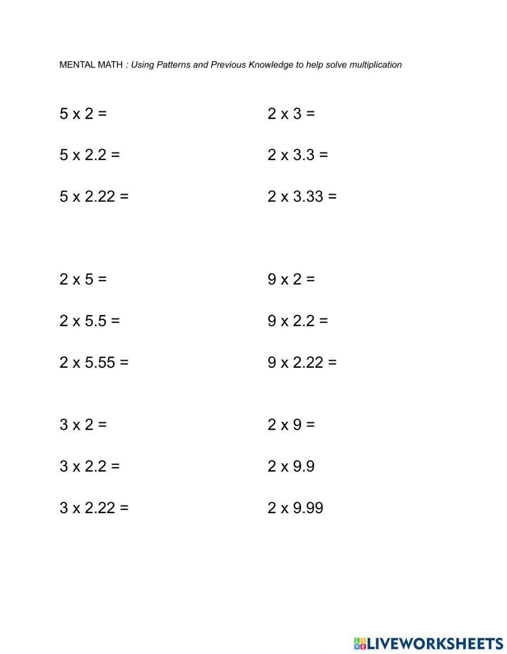 Mental math with decimals and patterns worksheet live worksheets