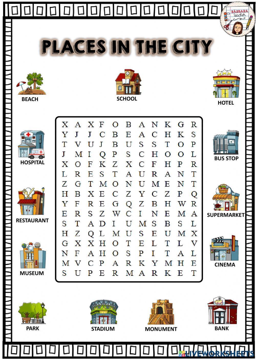 Places in the city wordsearch