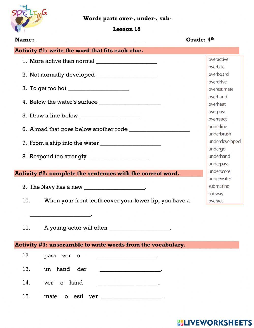 Words parts over-, under-, sub-