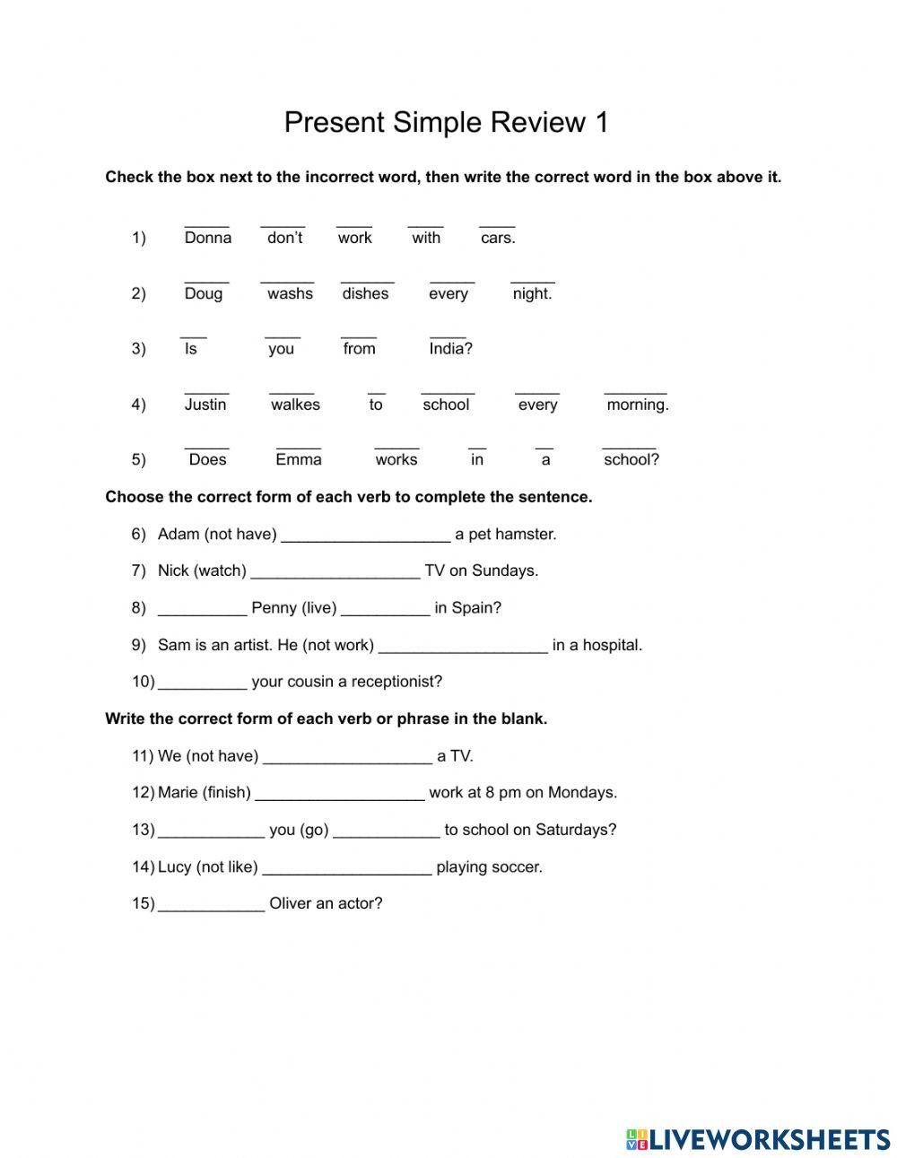 Present Simple Review 1 worksheet | Live Worksheets