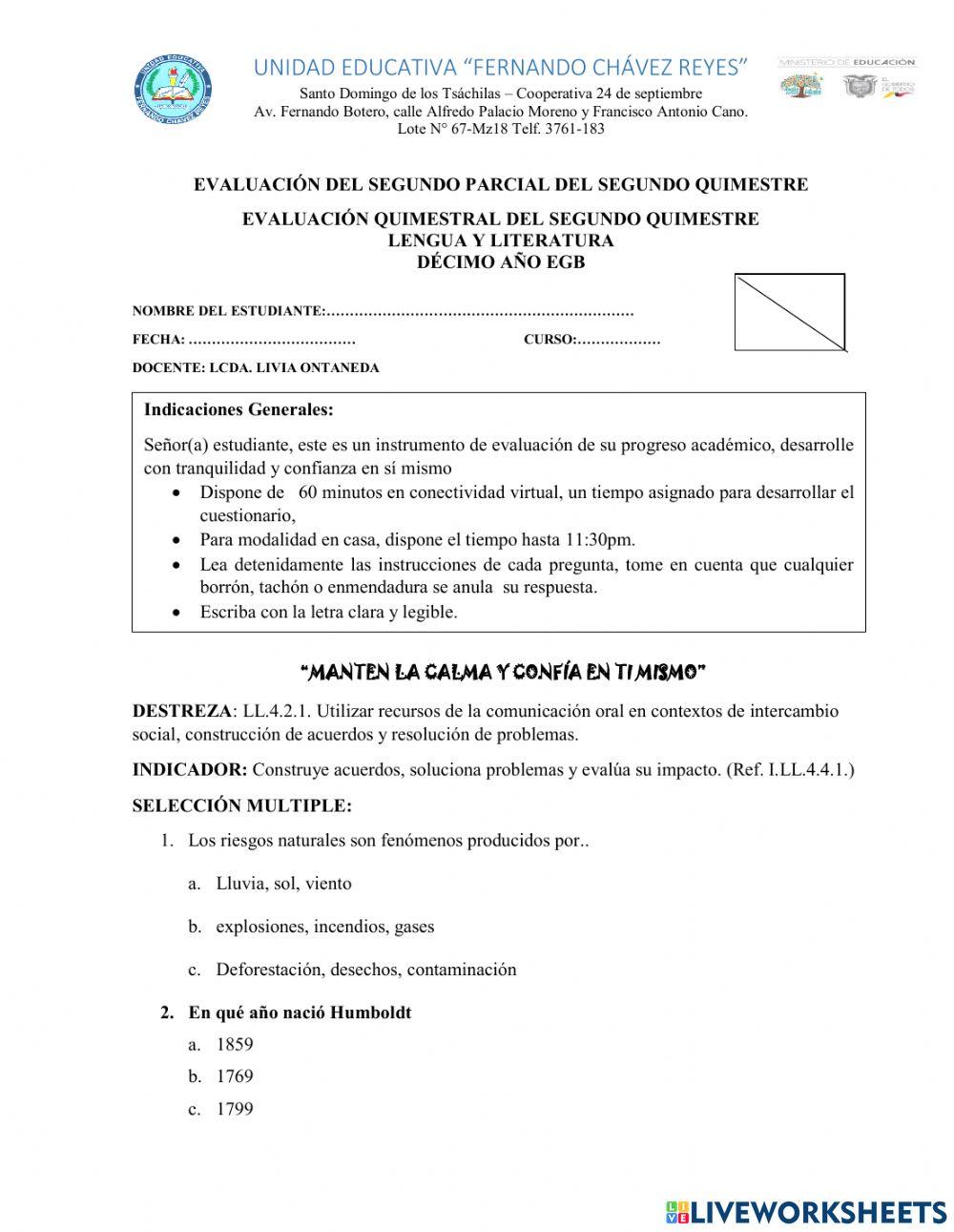 Evaluacion online exercise for decimo | Live Worksheets