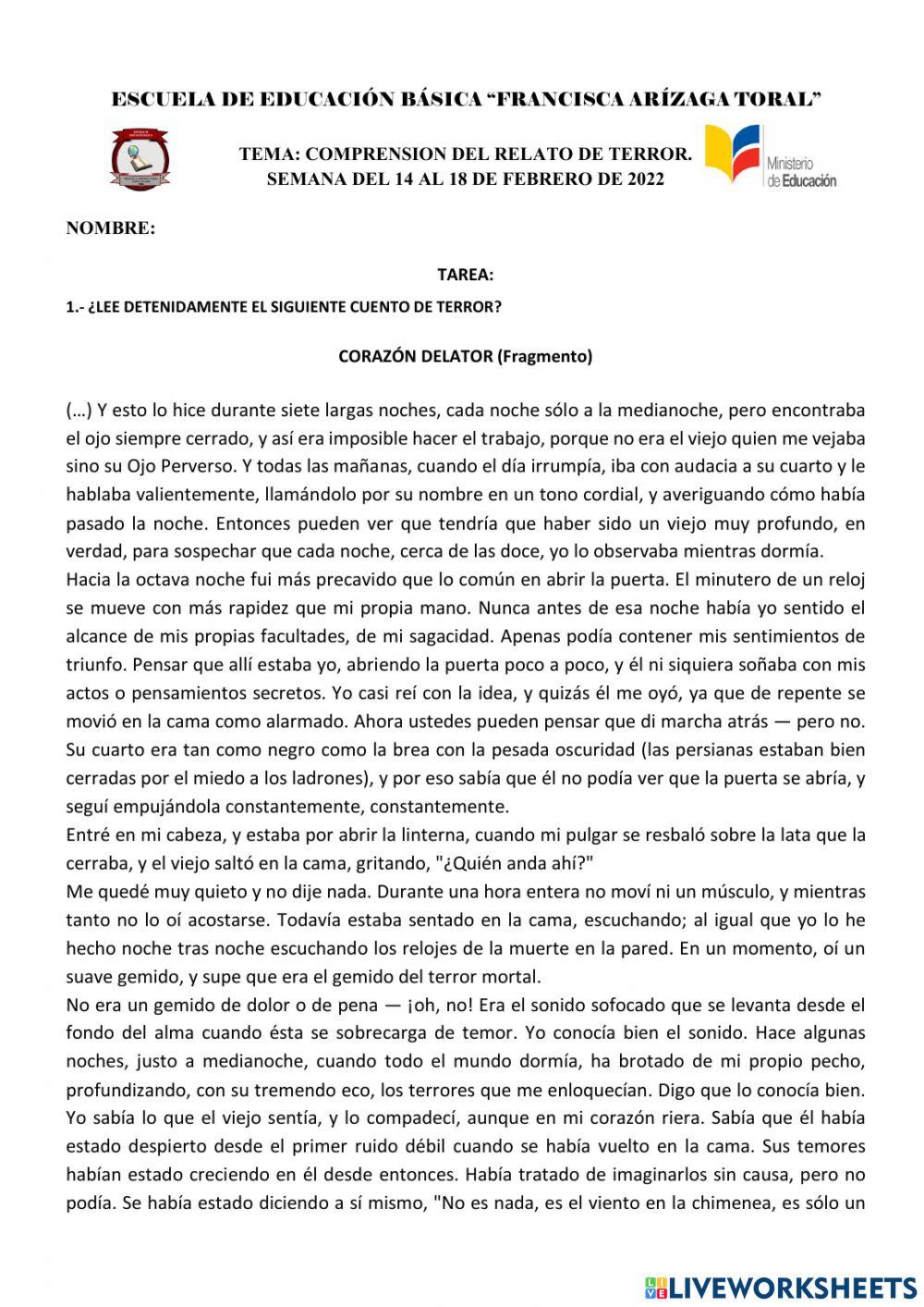 Comprension lectora cuento de terror