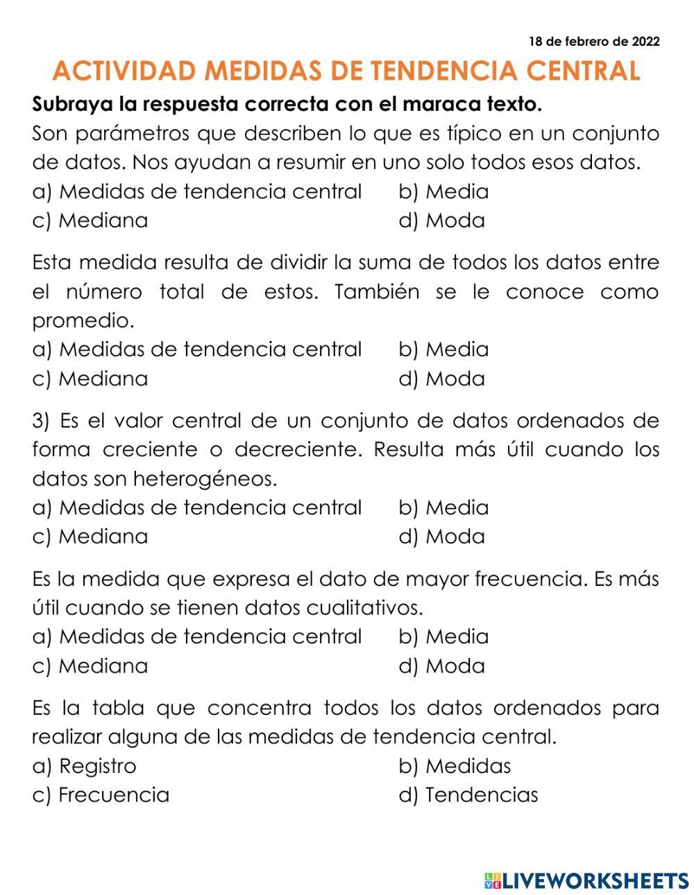Actividad Medidas de Tendencia Central