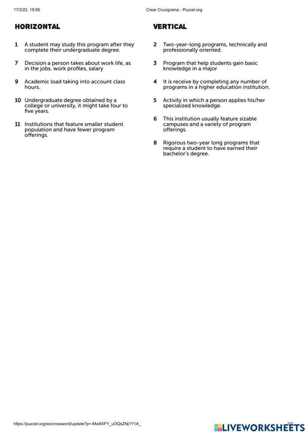 Higher Education Crossword 2022 online exercise for Live Worksheets