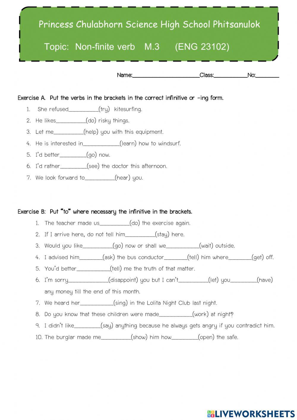 Non Finite Verb Online Exercise For Live Worksheets non-finite-verb-online-exercise-for-live-worksheets